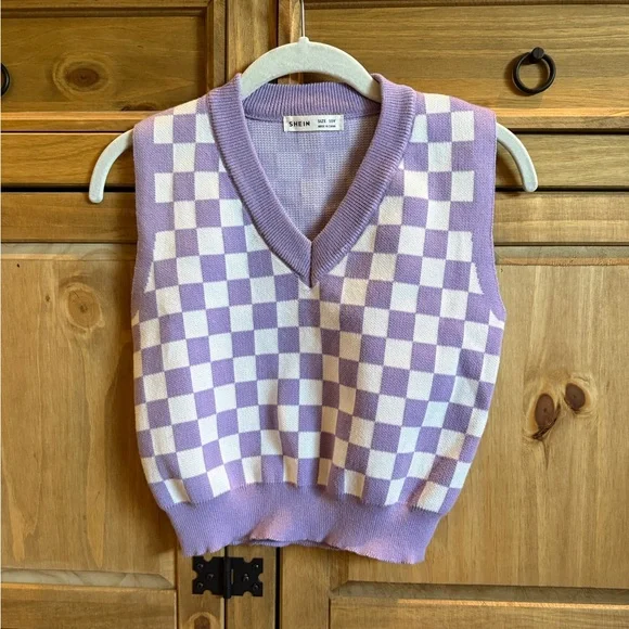 SHEIN Lavender Checkered V-Neck Sweater Vest - Picture 1 of 3